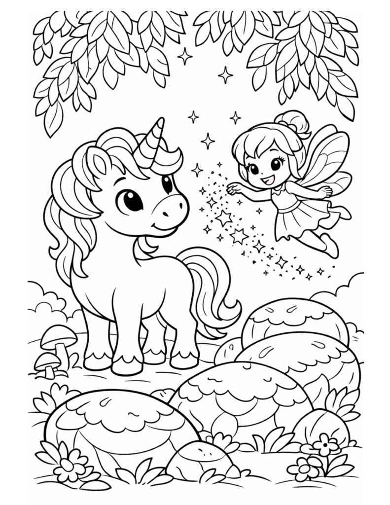 fairy sprinkling stars at unicorn coloring page with a smiling unicorn, flying fairy, and sparkling stars in a forest scene coloring page