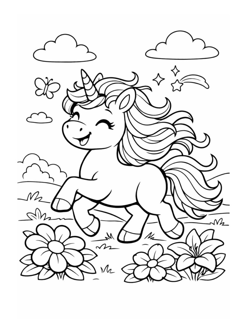 smiling unicorn with shooting star coloring page in a grassy meadow with flowers, clouds, and a butterfly coloring page