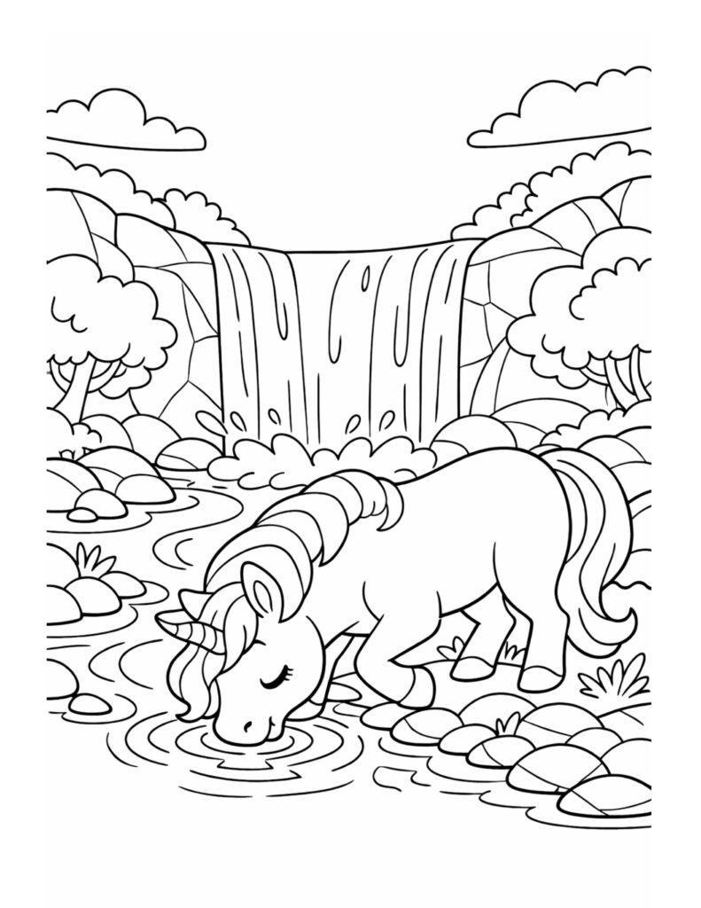 unicorn drinking from a stream coloring page with a gentle unicorn near water rocks and a waterfall scene