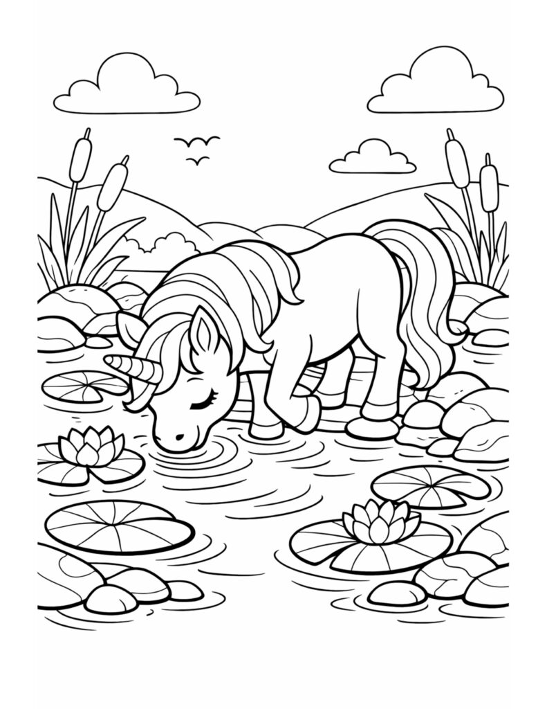 unicorn drinking from lily pond coloring page by lily pads, lotus flowers, and river stones coloring page