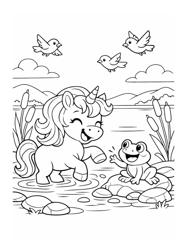 unicorn greeting a frog coloring page in a calm lake scene with birds and reeds coloring page