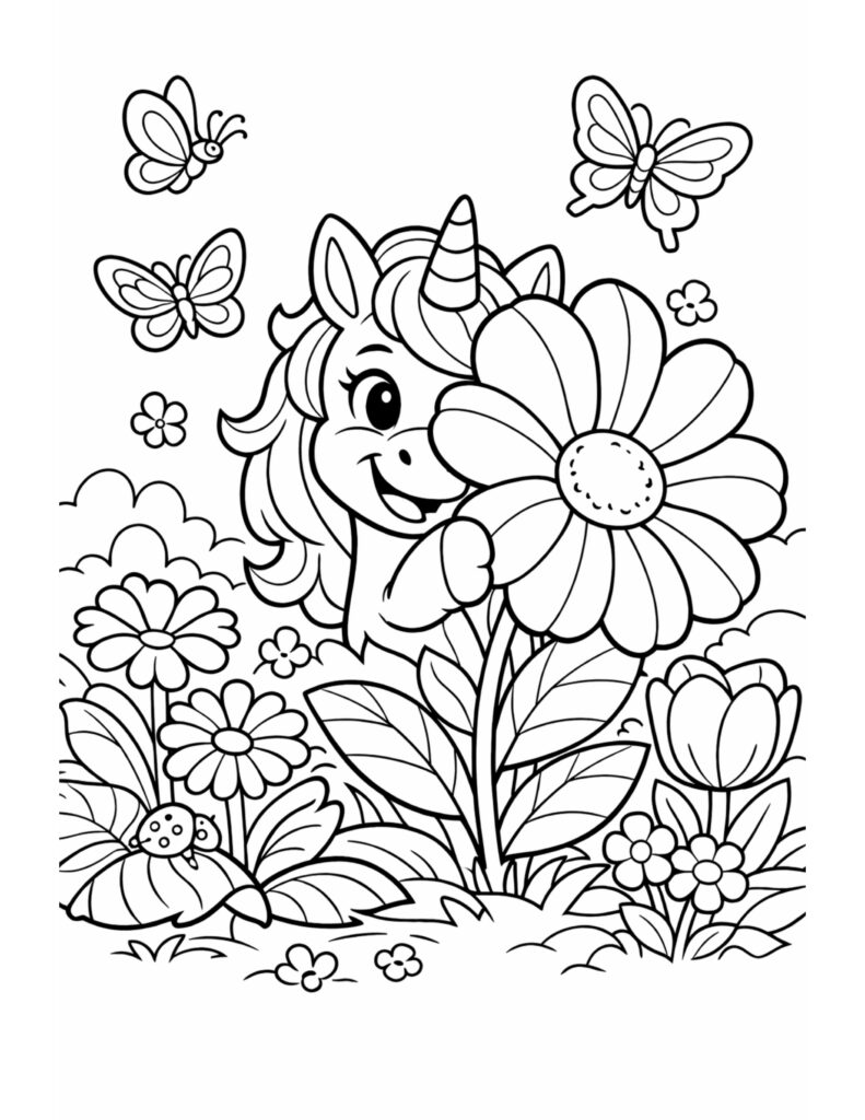 unicorn peeking behind a flower coloring page with butterflies and garden details coloring page