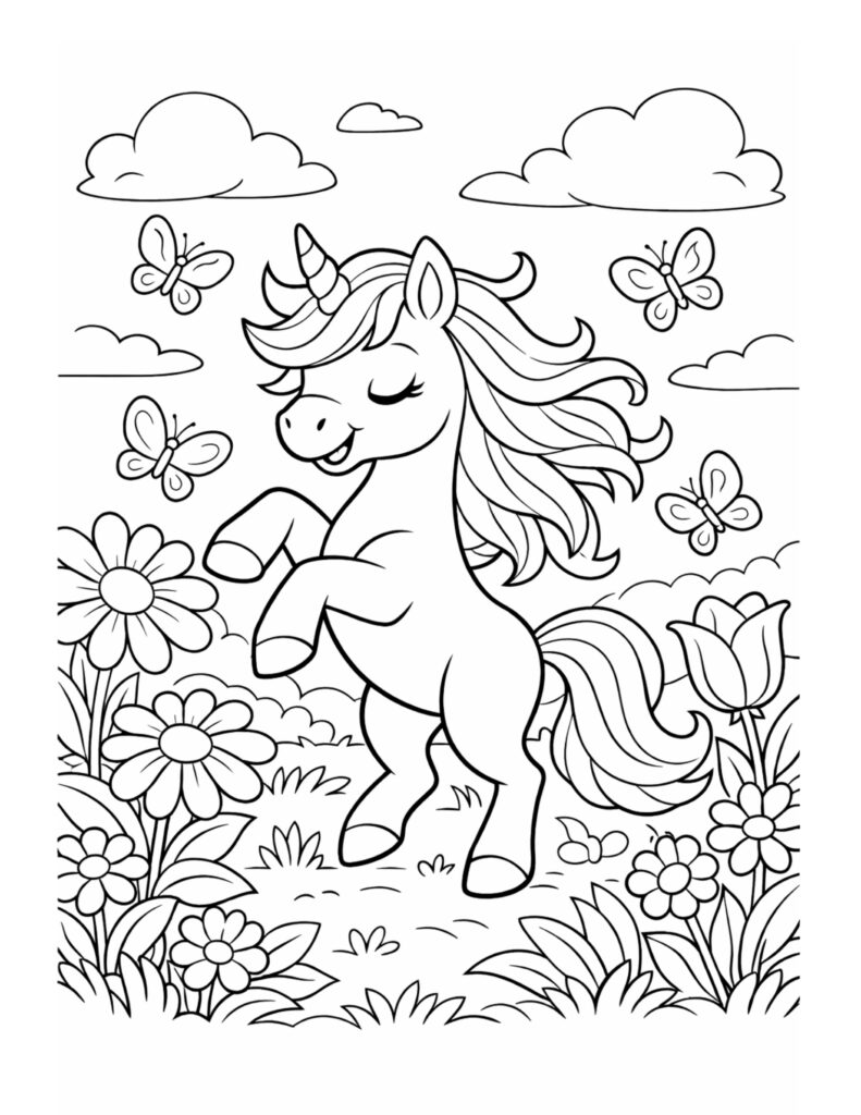 unicorn prancing in flower meadow coloring page with butterflies and flowers coloring page
