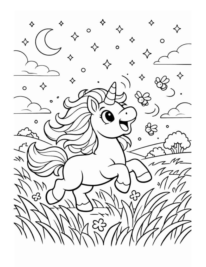 unicorn prancing under a moon coloring page with stars, clouds, flying bees, and tall grass coloring page