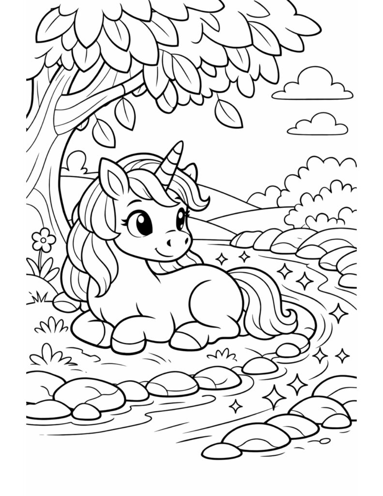 unicorn resting by sparkling stream coloring page with peaceful nature scene coloring page