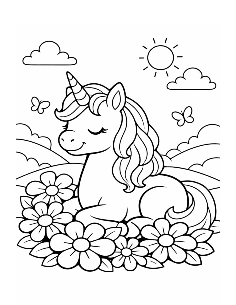 unicorn resting in flower meadow coloring page with flowers clouds and sun coloring page