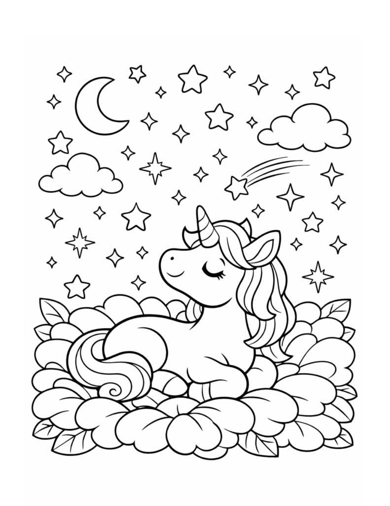 unicorn resting on cloud bed coloring page under moon, stars, and a shooting star coloring page