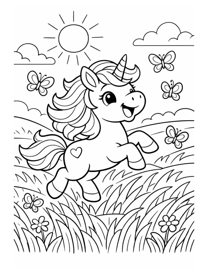 unicorn running in a meadow coloring page with butterflies, grass, and sunshine coloring page