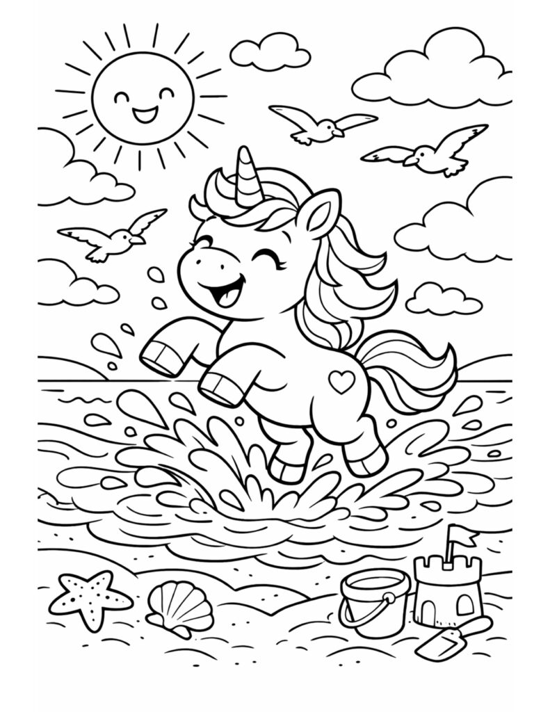 unicorn splashing in ocean coloring page with a smiling sun birds waves and beach toys in a fun seaside scene