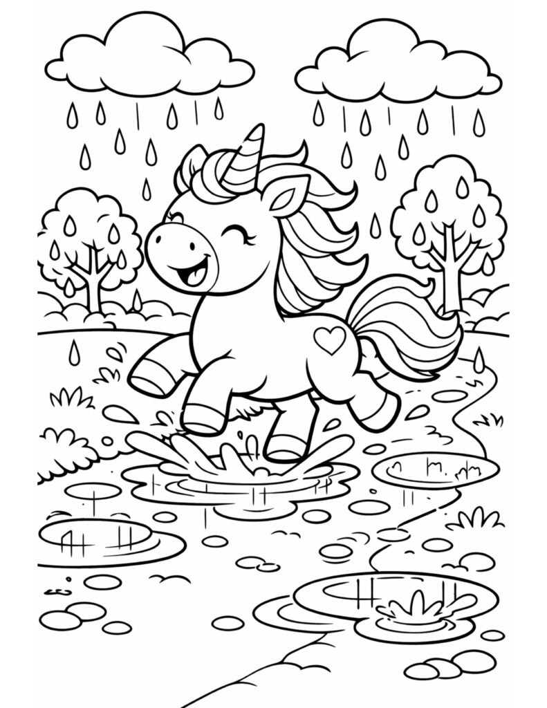 unicorn splashing in rainy puddles coloring page with cute raindrops, clouds, and trees coloring page