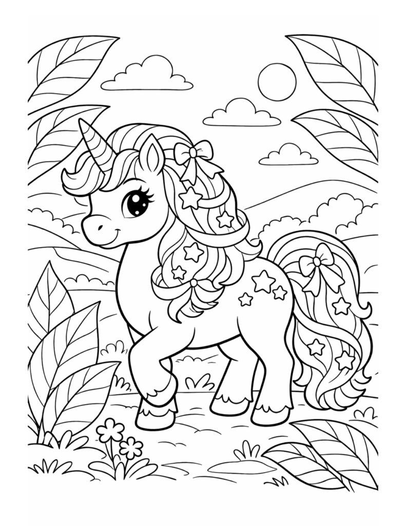 unicorn walking through a meadow coloring page with a cute unicorn decorated with stars and bows coloring page